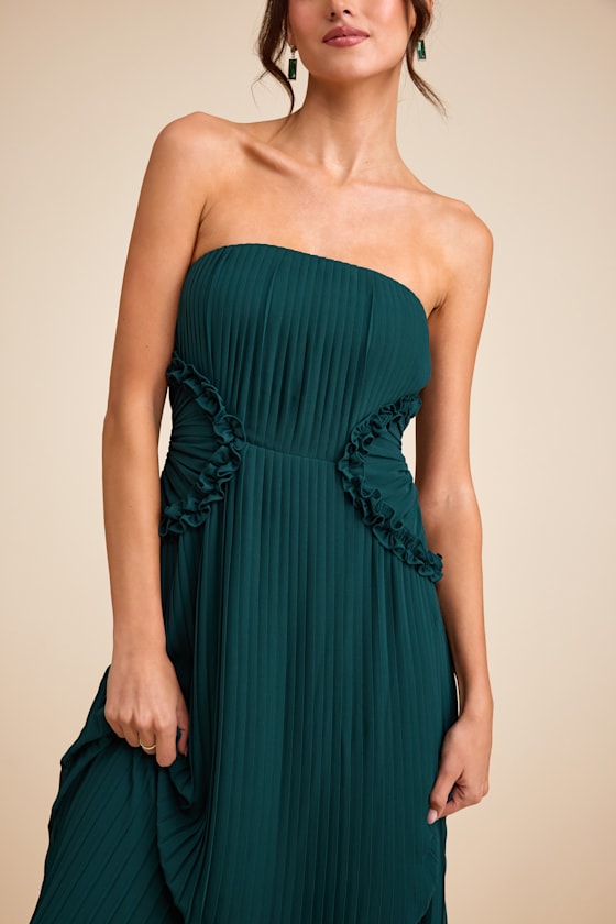 Lauren Emerald Pleated Strapless Ruffled Maxi Dress 3