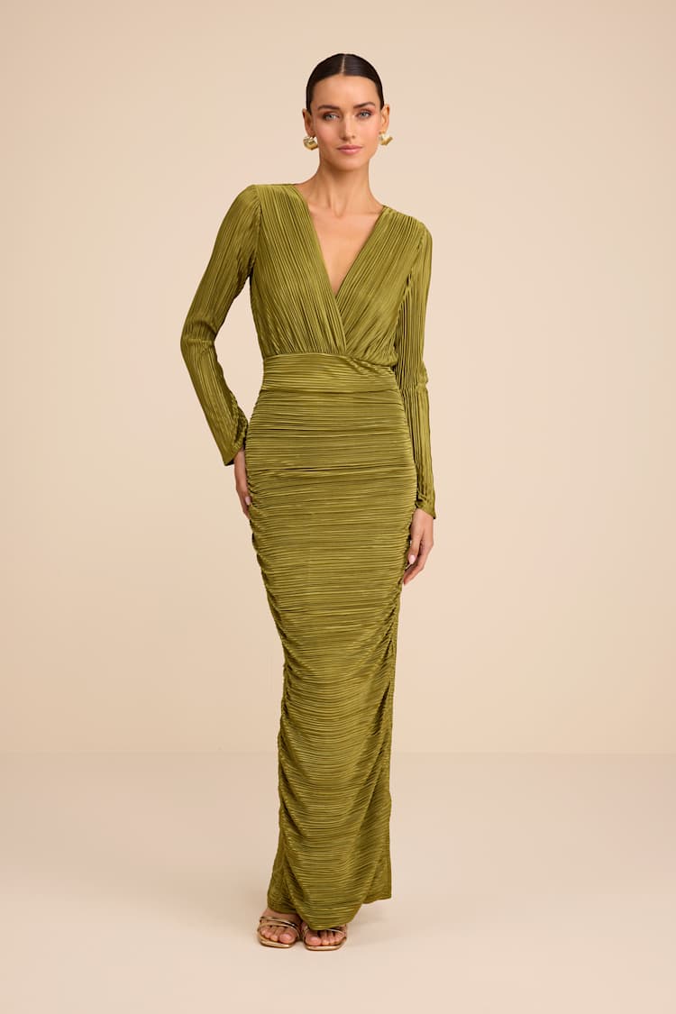 fitted lace wedding dress Everleigh Green Crepe Midi Dress – Finery London main image 1