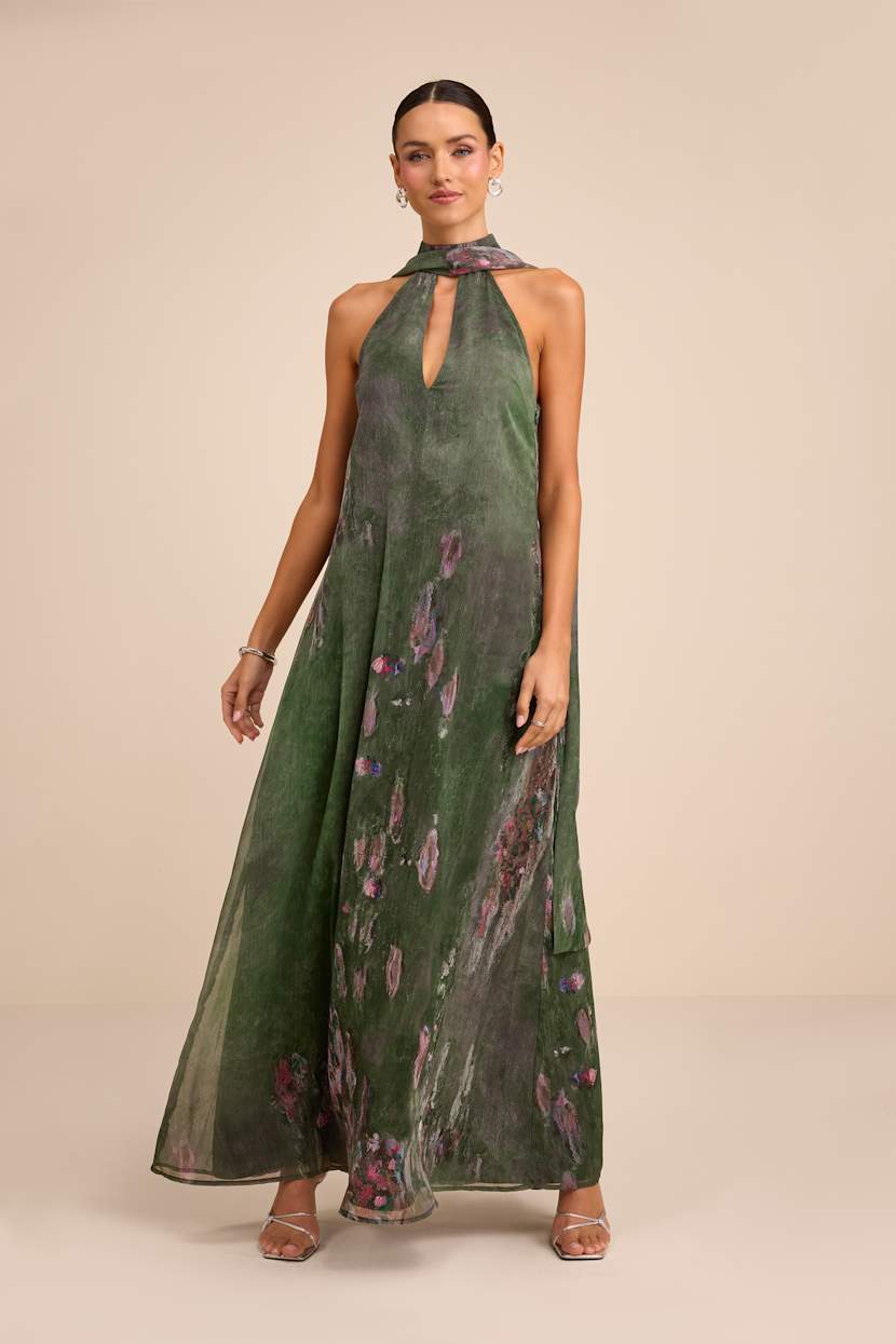 Green Abstract Print Dress - Cutout Maxi Dress - Shift Sash Dress - Lulus