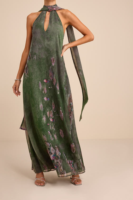 Calixta Green Abstract Chiffon Sash Shift Maxi Dress 2