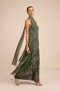 Calixta Green Abstract Chiffon Sash Shift Maxi Dress 5