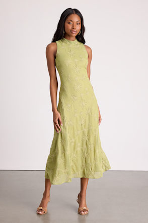 Lime Green Midi Dress - Floral Embroidered Dress - Mock Neck Midi - Lulus