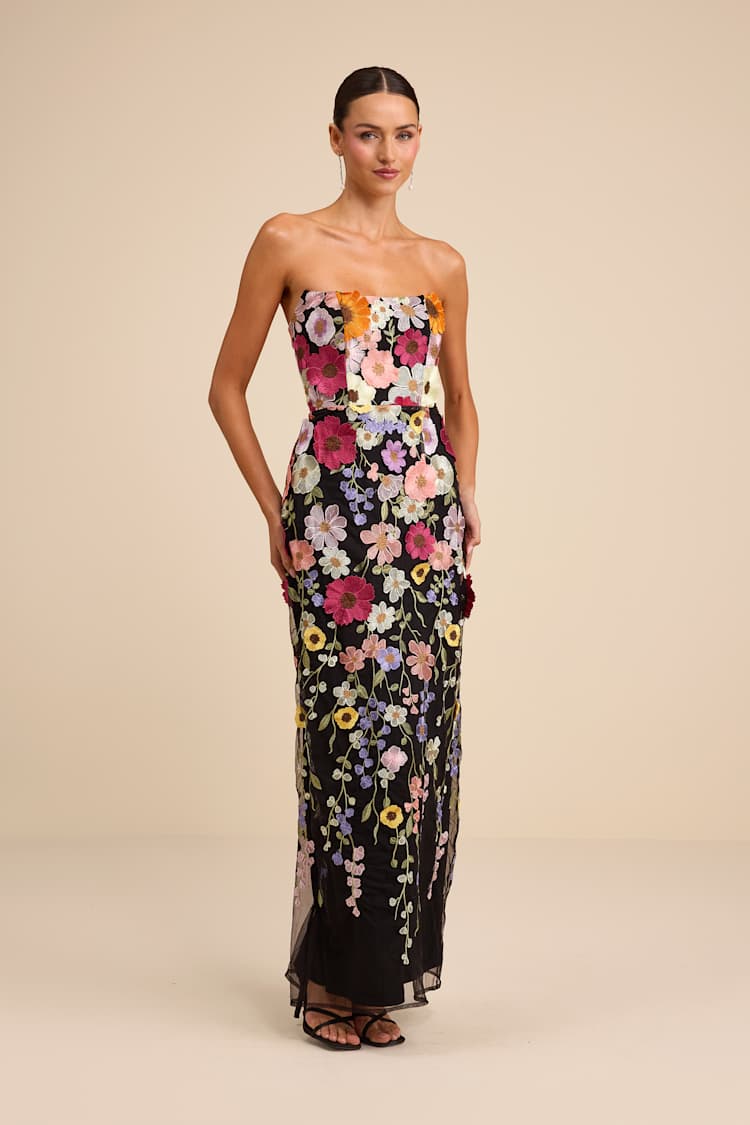 strapless 3d floral embroidered dress with tiered maxi skirt Ava Presley 47108 Tiered Long Floral Print Formal Corset Prom Dress main image 1