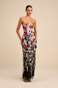 Macario Black Multi 3D Floral Embroidered Strapless Maxi Dress 1