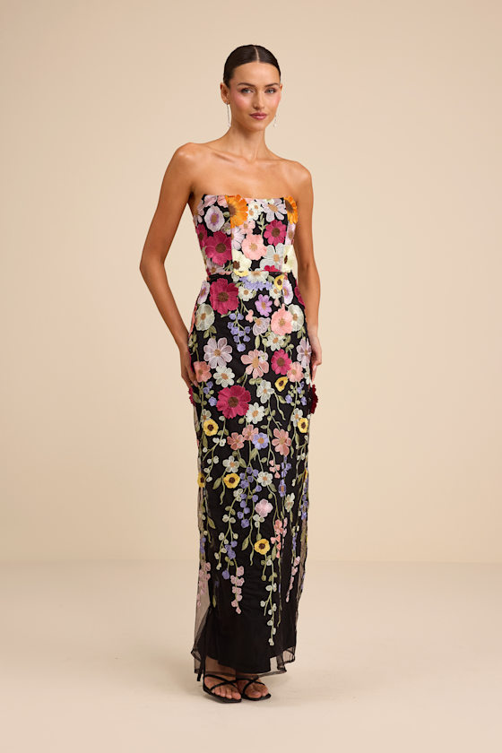 Macario Black Multi 3D Floral Embroidered Strapless Maxi Dress 1