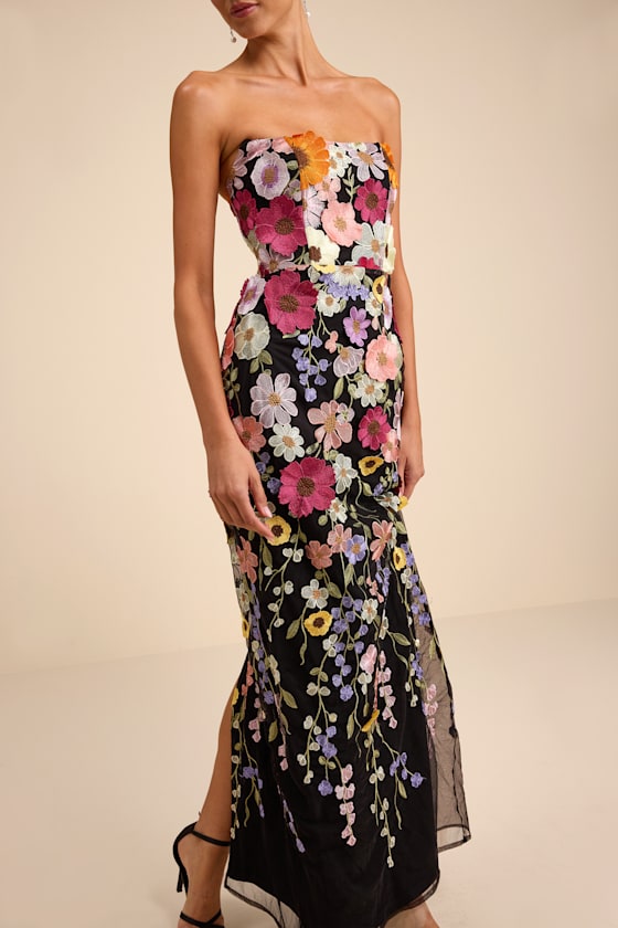 Macario Black Multi 3D Floral Embroidered Strapless Maxi Dress - thumbnail 2