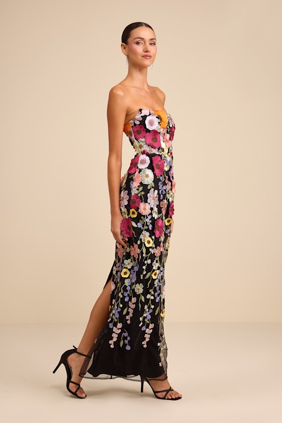 Macario Black Multi 3D Floral Embroidered Strapless Maxi Dress - thumbnail 4