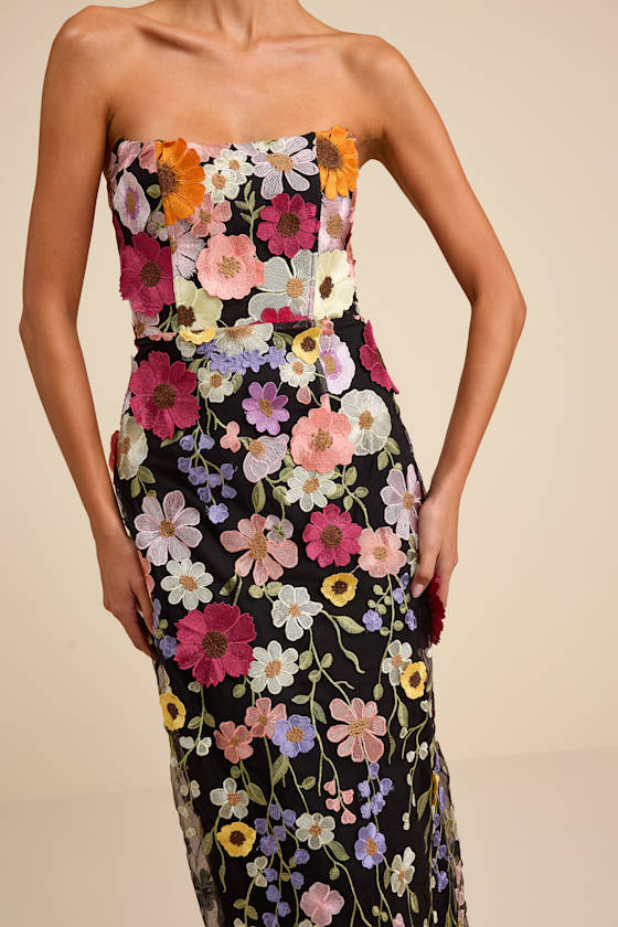 Macario Black Multi 3D Floral Embroidered Strapless Maxi Dress - thumbnail 5