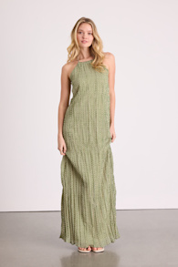 Denetta Green and Cream Stiped Halter Shift Maxi Dress 1