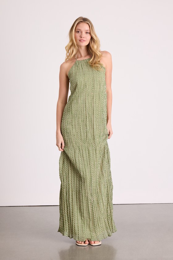 Denetta Green and Cream Stiped Halter Shift Maxi Dress 1