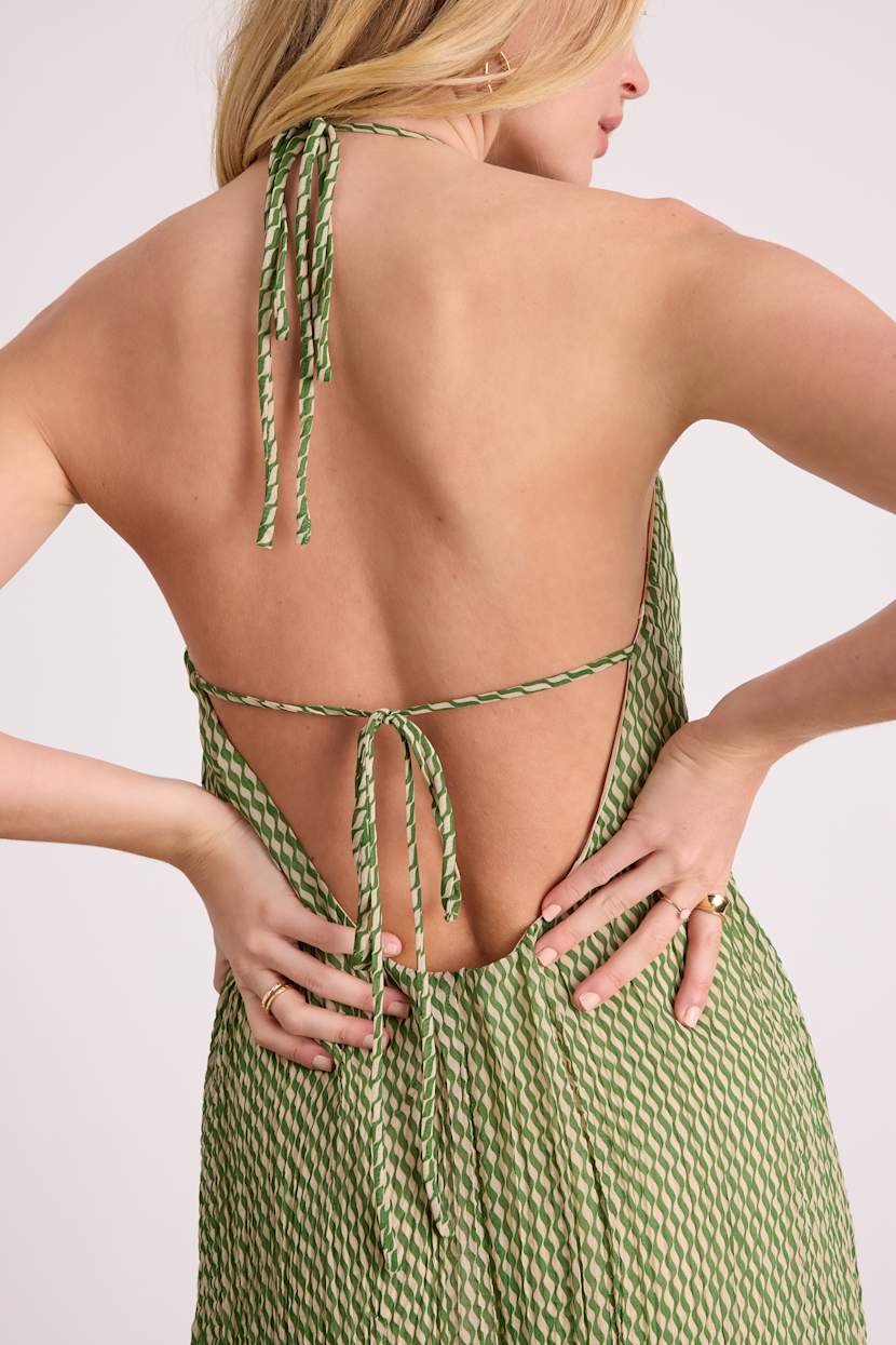 Green and Cream Stiped Halter Shift Maxi Dress | Womens | X-Large (Available in XS, S, M, L) | 100% Polyester | Lulus