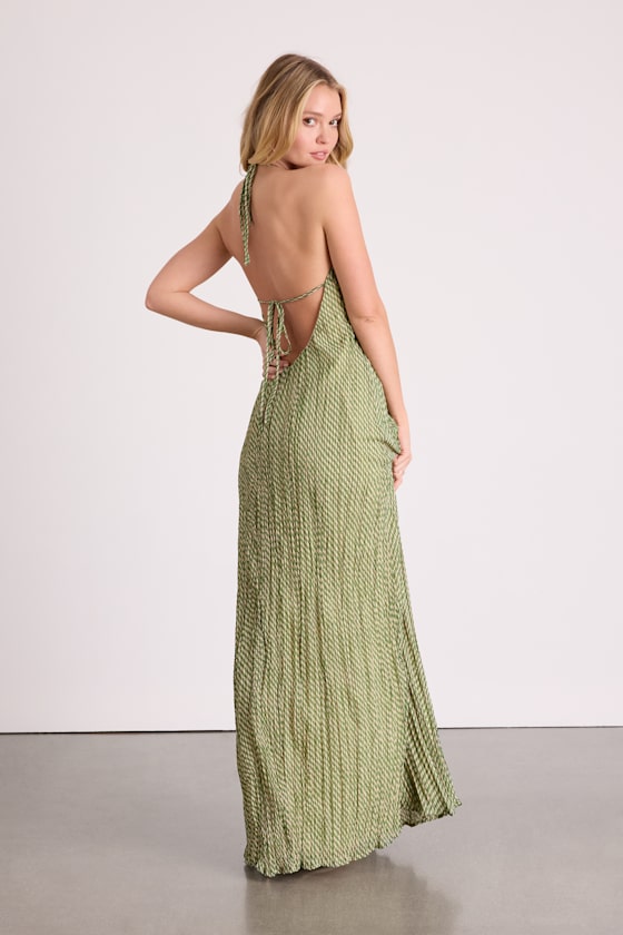 Denetta Green and Cream Stiped Halter Shift Maxi Dress 3
