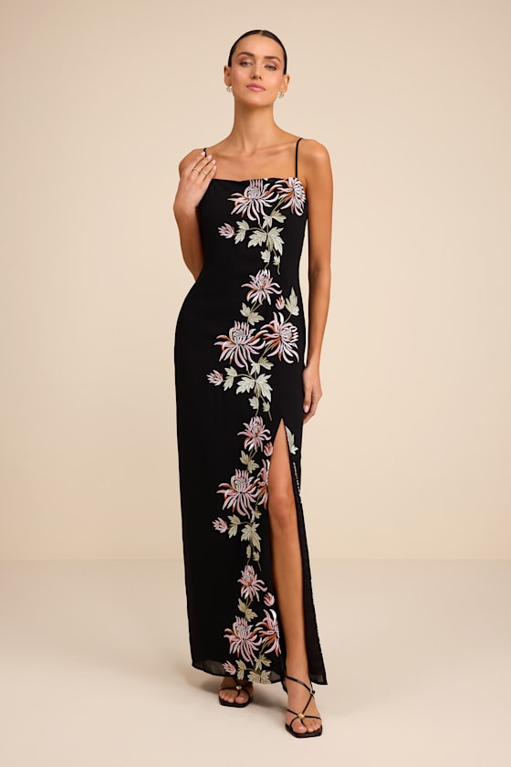 Image of Talisa Black Floral Embroidered Column Maxi Dress