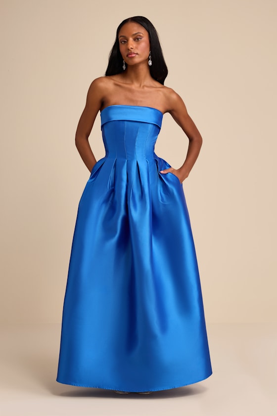 Novalie Blue Taffeta Pleated Strapless A-Line Maxi Dress 1