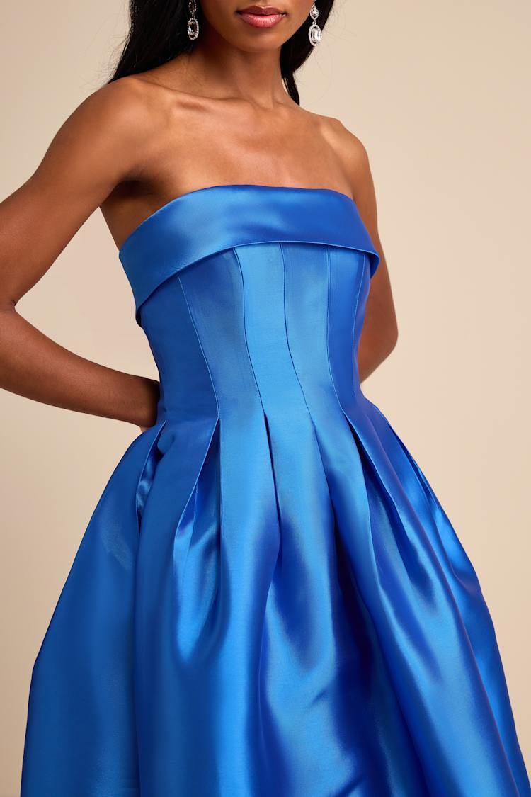 Blue Taffeta Pleated Strapless A-Line Maxi Dress | Womens | Small (Available in XS) | 100% Polyester | Lulus