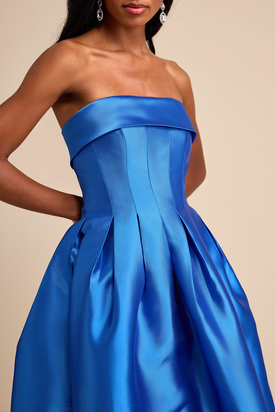 Novalie Blue Taffeta Pleated Strapless A-Line Maxi Dress 2