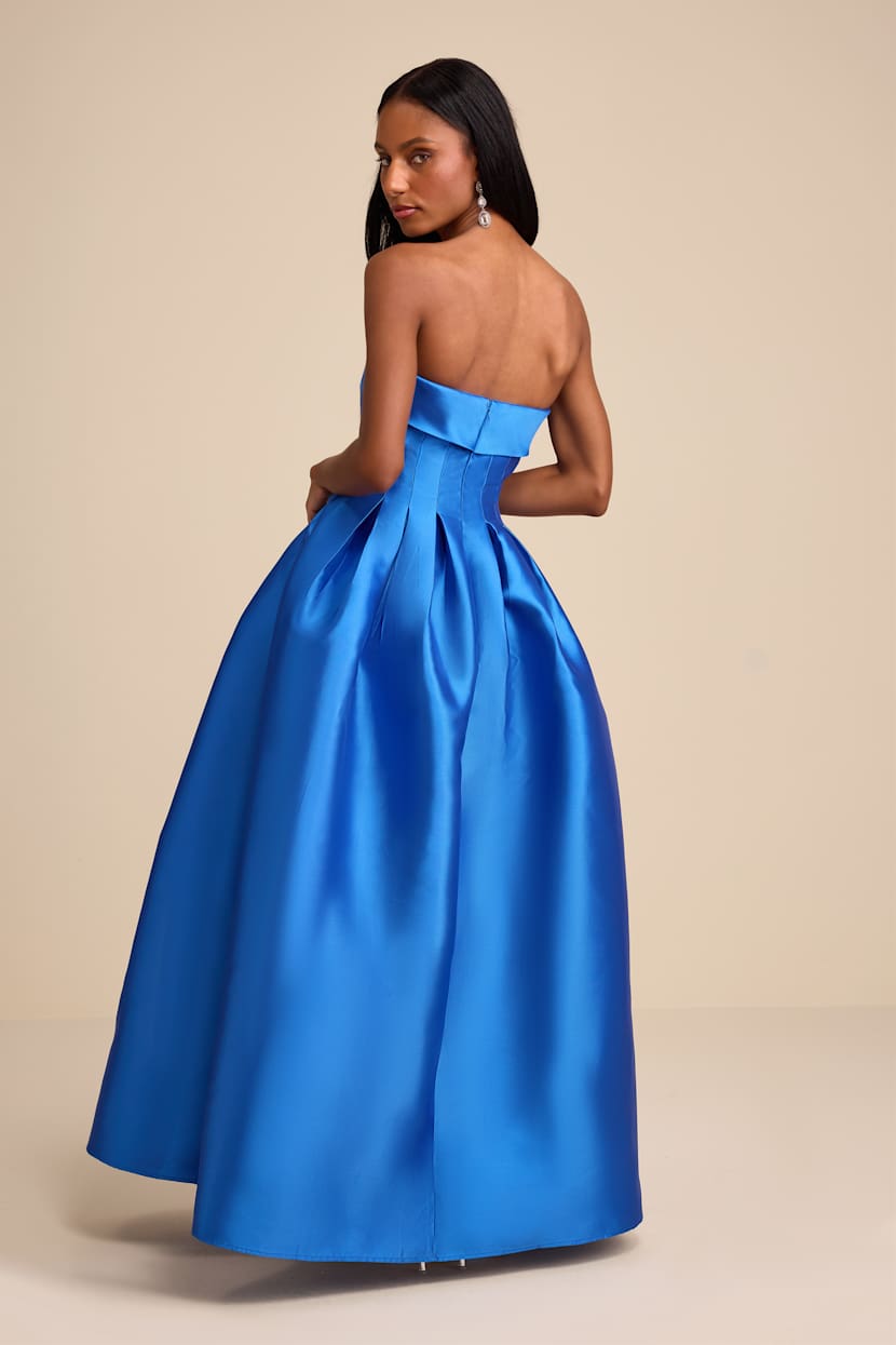 Blue Maxi Dress - Taffeta A-Line Dress - Pleated Strapless Dress - Lulus
