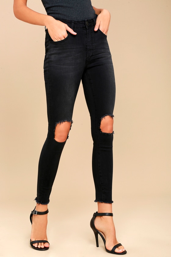 Freebirds II Washed Black Distressed High-Waisted Skinny Jeans