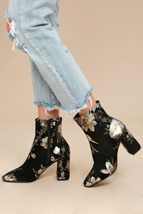 My Generation Black Floral High Heel Mid-Calf Boots 2