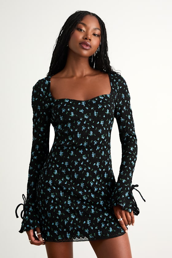 Black Floral Dress - Textured Dress - Long Sleeve Mini Dress - Lulus