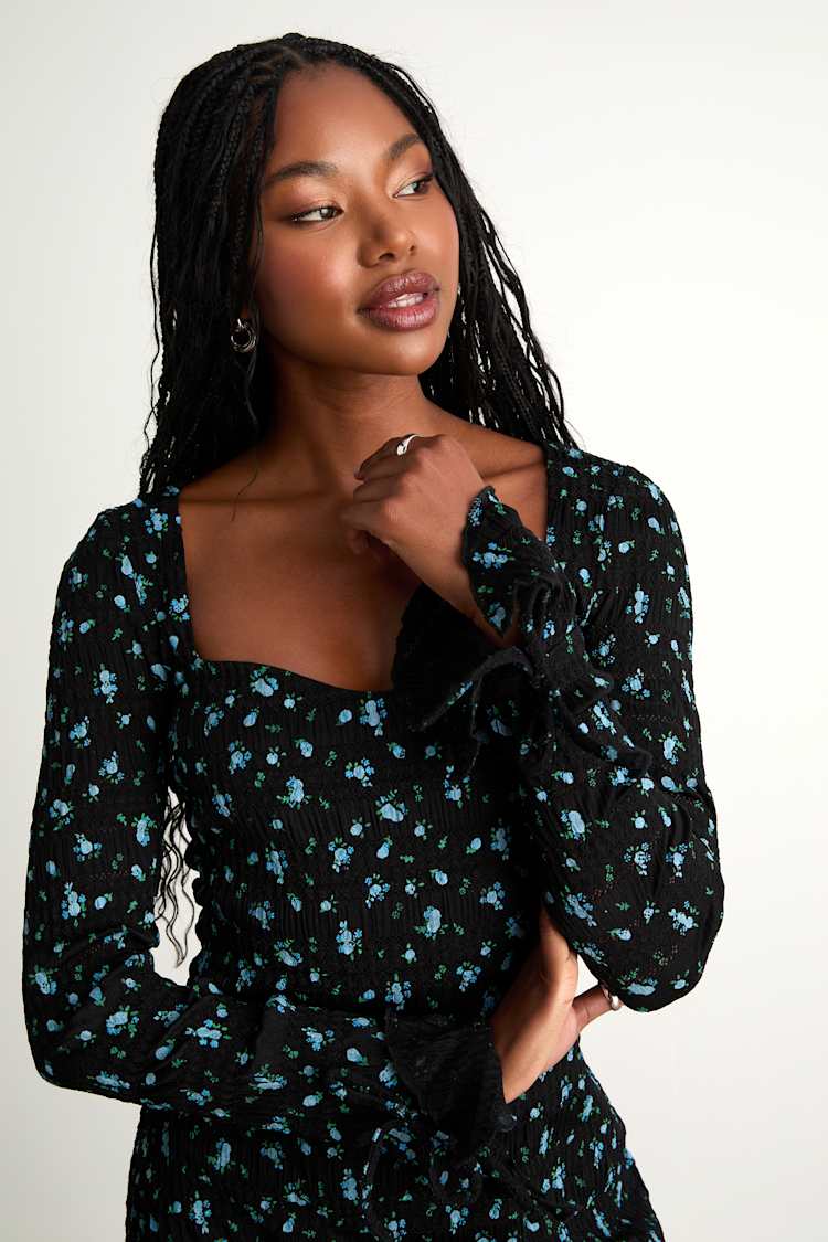 Ornella Black Floral Textured Long Sleeve Mini Dress