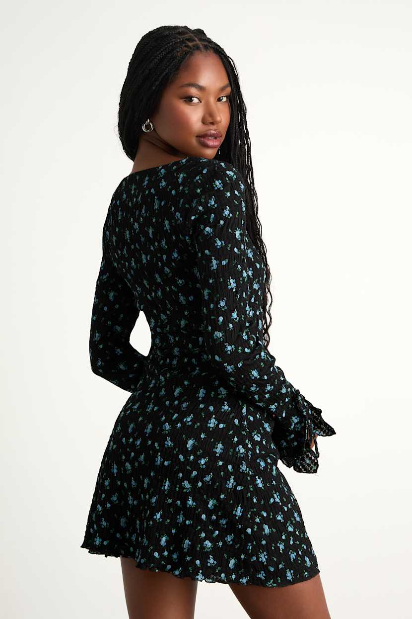 Ornella Black Floral Textured Long Sleeve Mini Dress