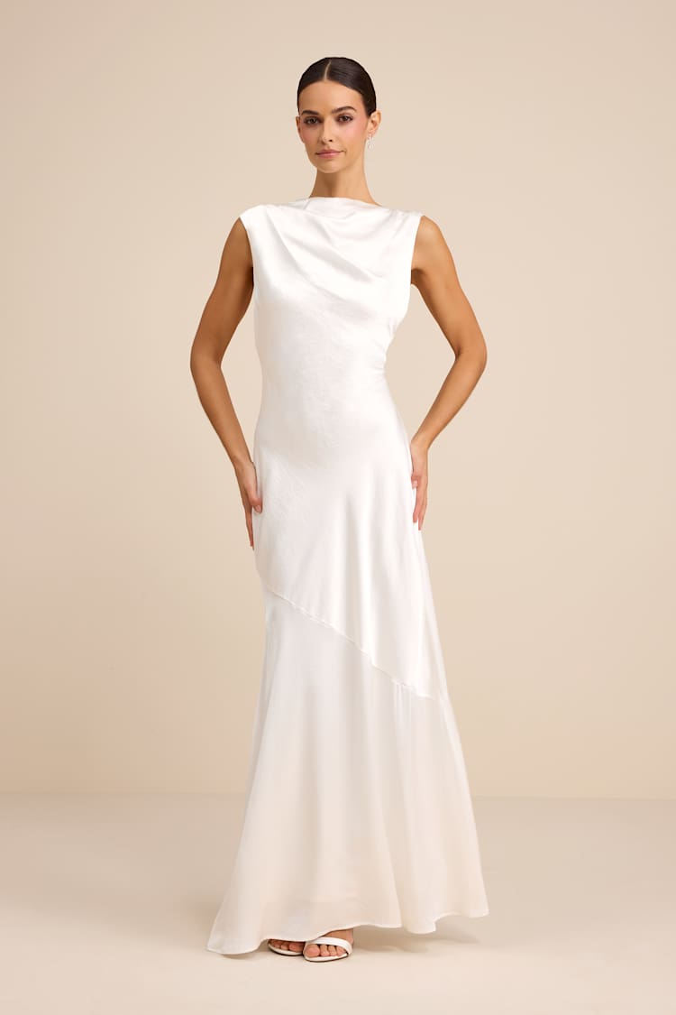 White Satin Gown - Tie-Back Maxi Dress - Asymmetrical Maxi Dress - Lulus