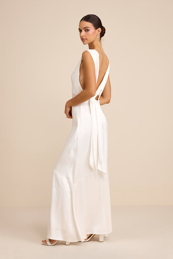 White Satin Gown - Tie-Back Maxi Dress - Asymmetrical Maxi Dress - Lulus