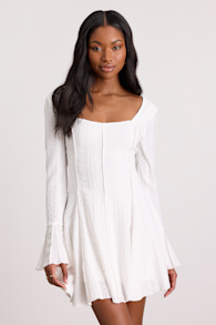 Mirielle White Textured Long Sleeve Mini Dress 1