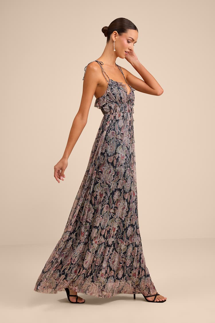 Navy Paisley Print Dress - Lurex Plisse Dress - Tie-Strap Maxi - Lulus