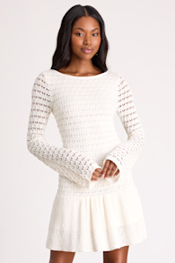 Sylvie Ivory Loose Knit Drop Waist Sweater Mini Dress 1