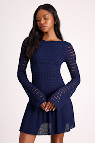 Sylvie Navy Loose Knit Drop Waist Sweater Mini Dress 1