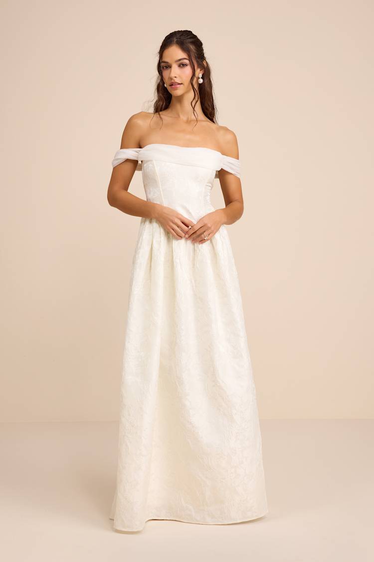 Ivory Jacquard Maxi Dress - OTS Bridal Gown - Basque Waist Dress - Lulus