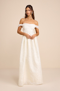 Everglow Ivory Jacquard Off-the-Shoulder Basque Waist Maxi Dress 1