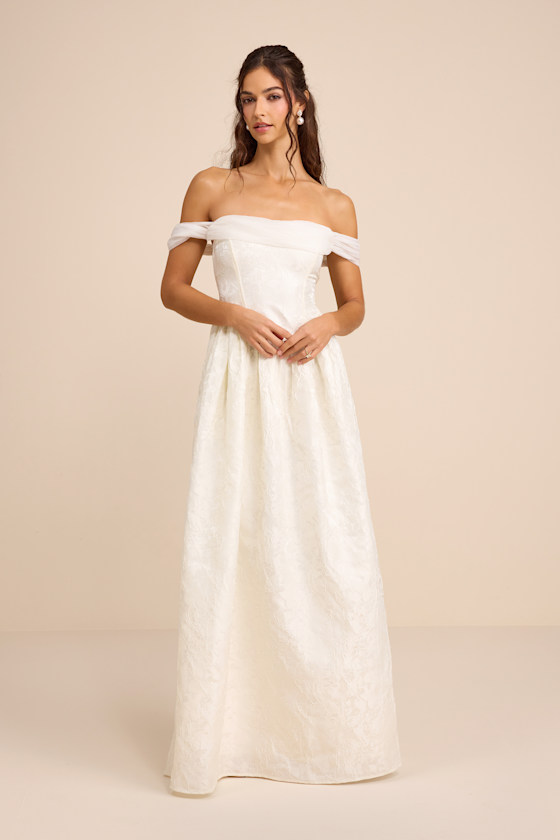 Everglow Ivory Jacquard Off-the-Shoulder Basque Waist Maxi Dress 1