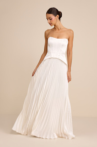 Dovey White Satin Pleated Maxi Dress 1