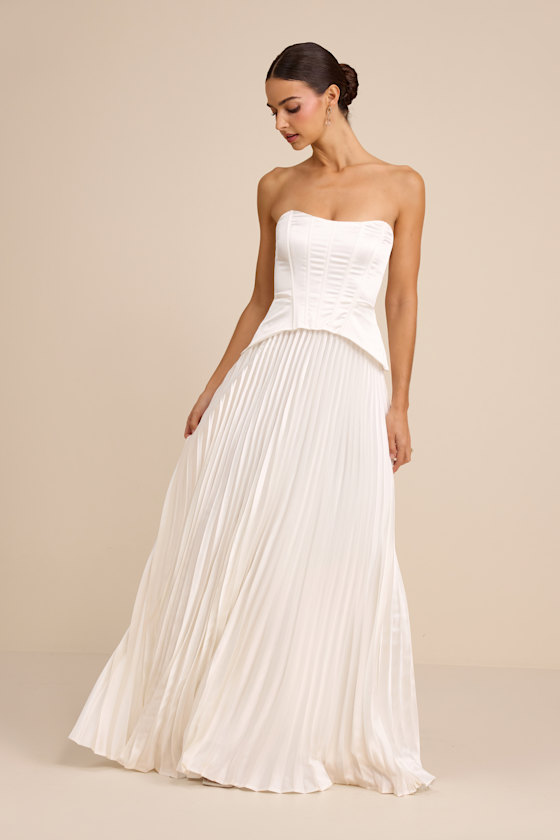 Dovey White Satin Pleated Maxi Dress 1