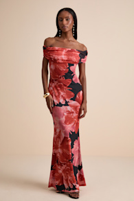 Dunia Black Floral Print Mesh Off-the-Shoulder Maxi Dress 1