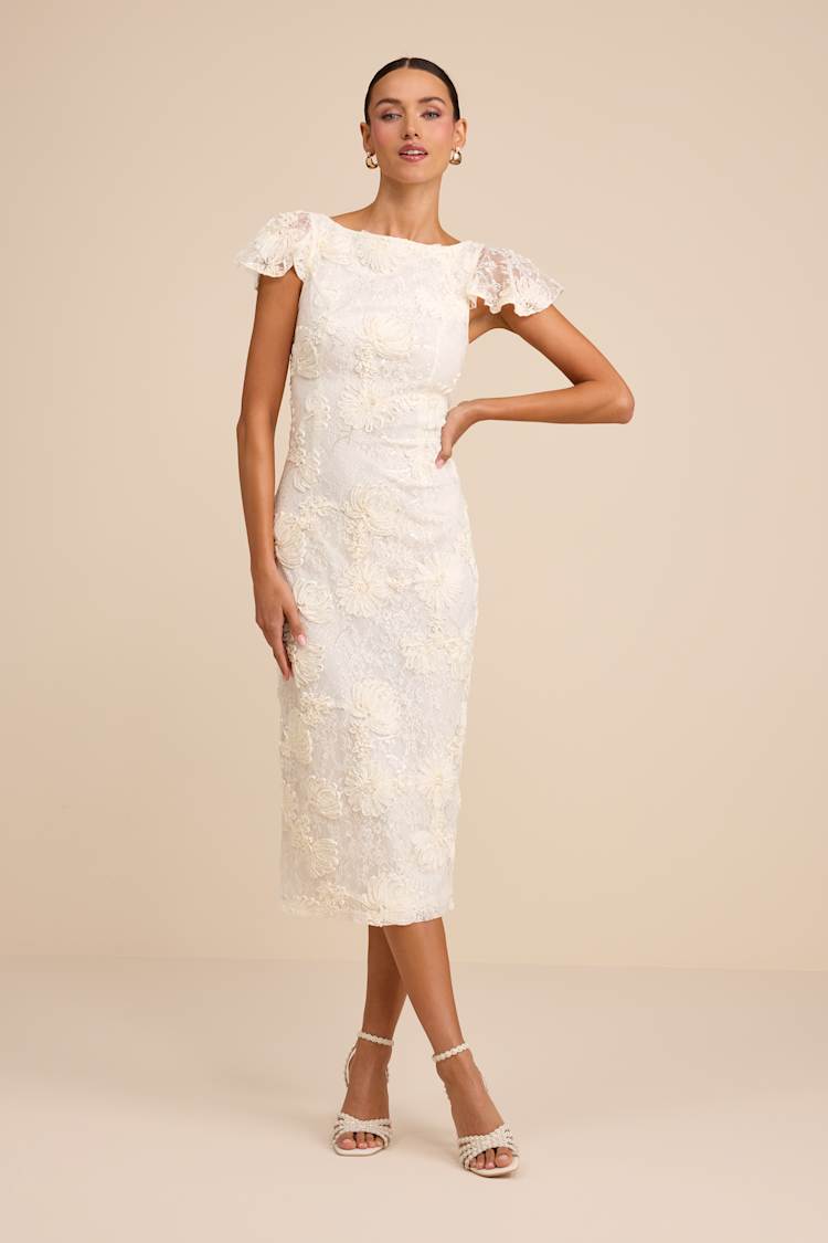 Lulus | Ivory Lace Flutter Sleeve Midi Dress | Womens | XX-Small (Available in XS, S, M, L, XL) | 100% Polyester Lulus | Ivory Lace Flutter Sleeve Midi Dress | Womens | XX-Small (Available in XS, S, M, L, XL) | 100% Polyester