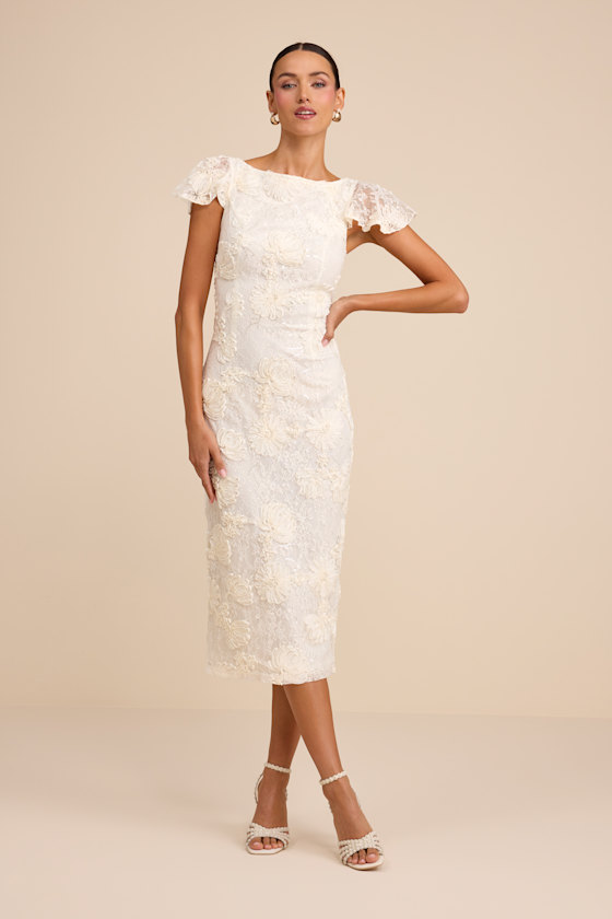 Kenna Ivory Lace Flutter Sleeve Midi Dress 1