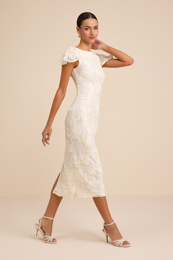 Kenna Ivory Lace Flutter Sleeve Midi Dress - thumbnail 4