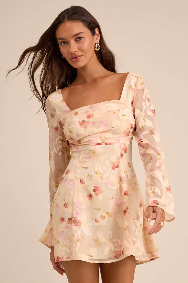 Cream Floral Burnout Dress - Flared Sleeve Dress - Mini Dress - Lulus Cream Floral Burnout Dress - Flared Sleeve Dress - Mini Dress - Lulus