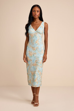 Lulus | Light Blue Floral Sequin Column Midi Dress | Womens | Small (Available in XL) | 100% Polyester Lulus | Light Blue Floral Sequin Column Midi Dress | Womens | Small (Available in XL) | 100% Polyester