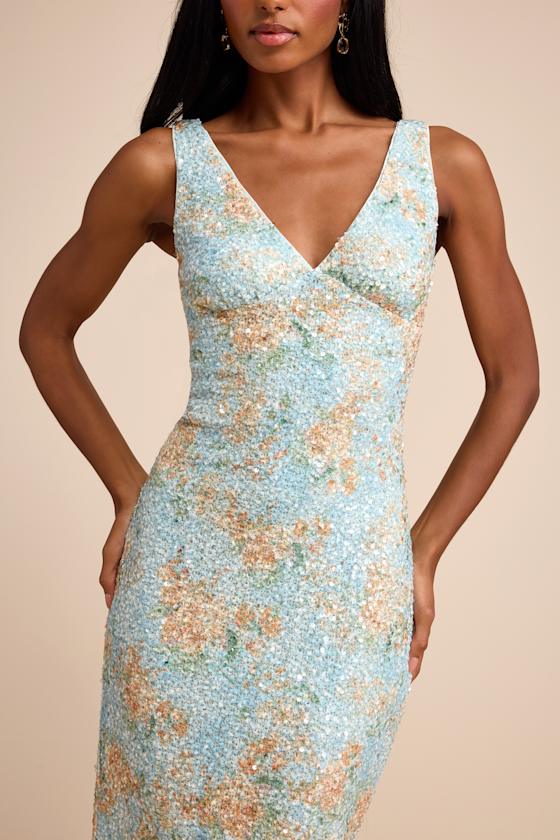 Renita Light Blue Floral Sequin Column Midi Dress 2