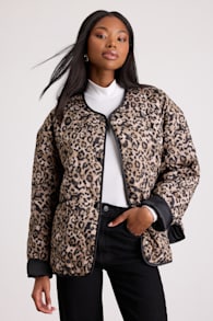 Lisa Brown Leopard Print Collarless Quilted Jacket 1
