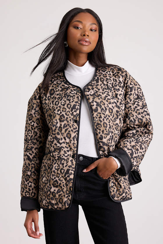 Lisa Brown Leopard Print Collarless Quilted Jacket 1