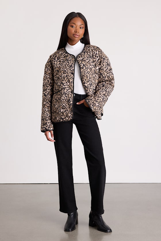 Lisa Brown Leopard Print Collarless Quilted Jacket 2