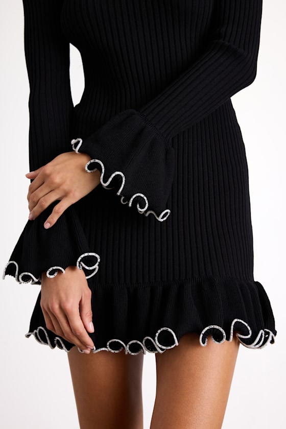 Waverly Black Ribbed Ruffled Tie-Back Sweater Mini Dress 2