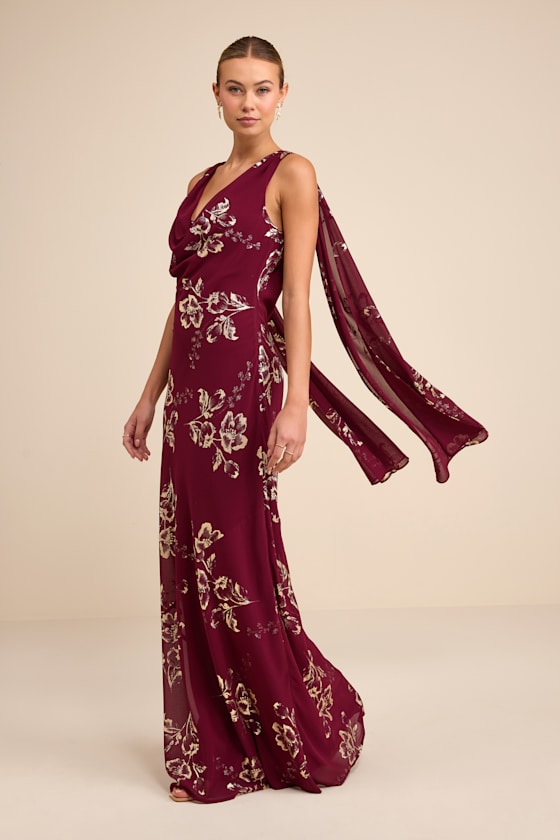 Sidonia Burgundy and Gold Floral Cowl Sash Maxi Dress 5