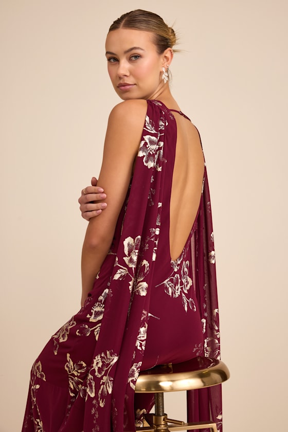 Burgundy and Gold Floral Cowl Sash Maxi Dress | Womens | X-Small | 100% Polyester | Lulus